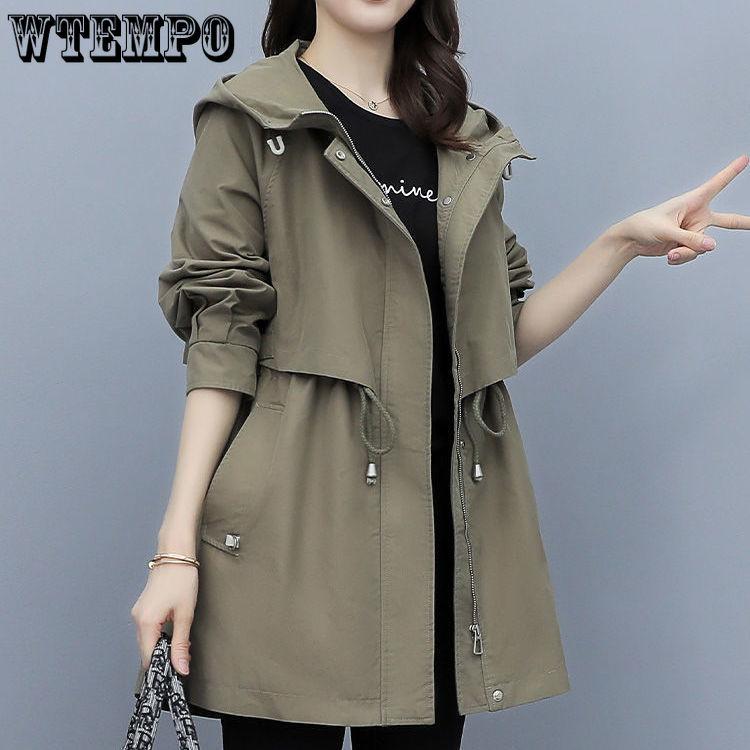Women's Long Windbreaker Spring Autumn Loose Casual Fashion Military Coffee Color Hooded Jacket