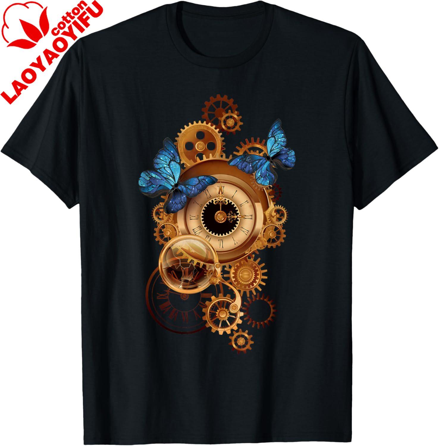 

Steampunk Clock Gear and Butterflies Vintage Retro Aesthetic TShirt Unisexs Casual Funny Plus Size Printed Tee Womens Clothing S