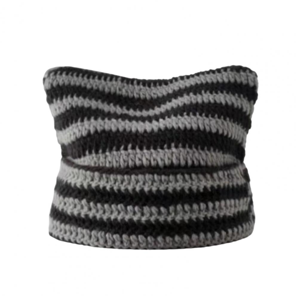 

Зимова жіноча шапка Кітті Голова Контрастний колір у смужку зірка Хутряна кулька Декор Демон Кепка Вітрозахисна еластична протиковзаюча тепла головний убір сірий