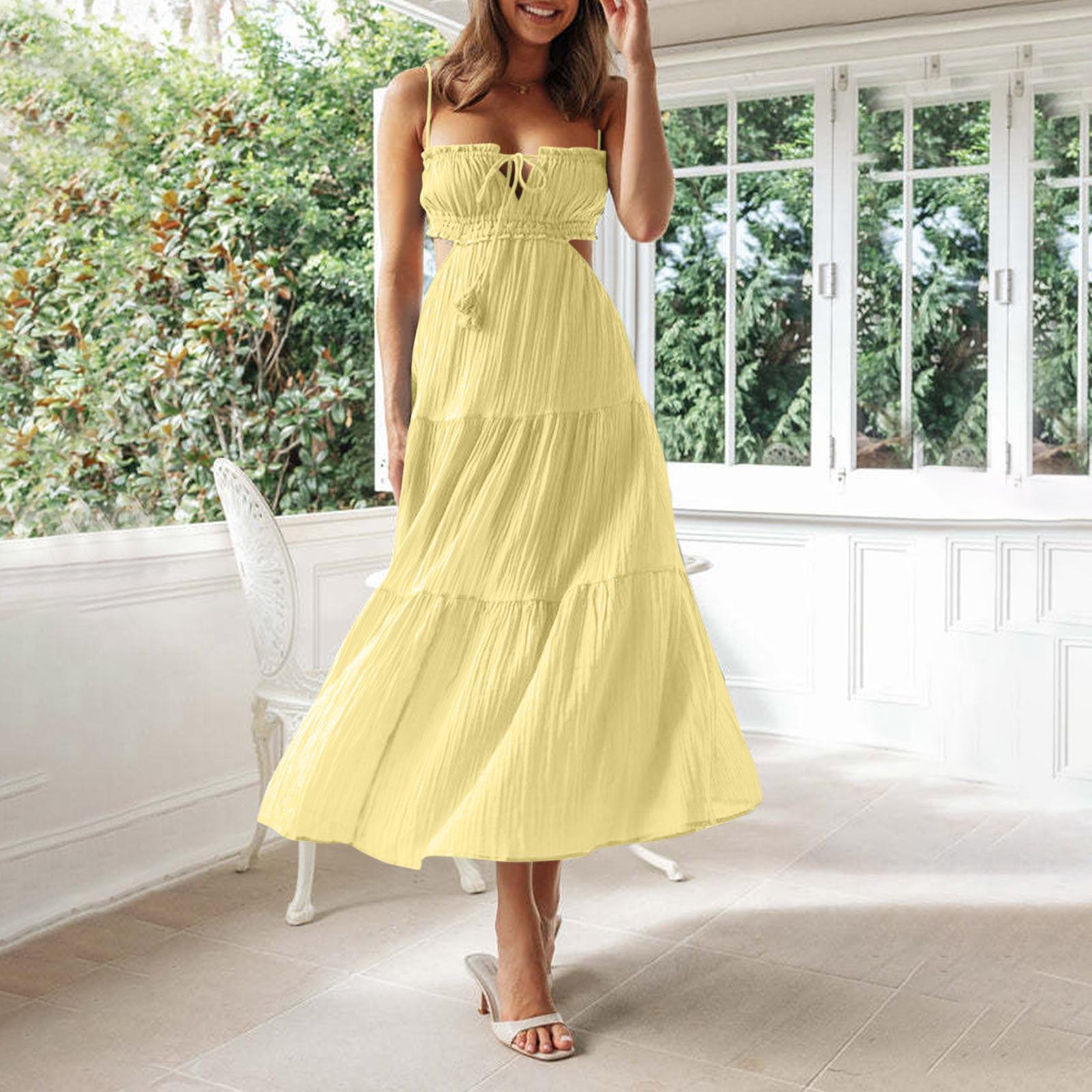 

Женское платье-майка, летнее весеннее плиссированное платье в стиле бохо, милое струящееся пляжное платье без рукавов, прямая футболка, платье-майка, платье с круглым вырезом XL жёлтый