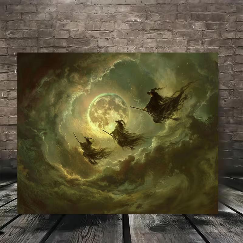 

2D Dark Academia Witch Canvas Print Flying Witches Moon Night Sky Witchy Wall Decor 47.2x31.5inch/120*80cm