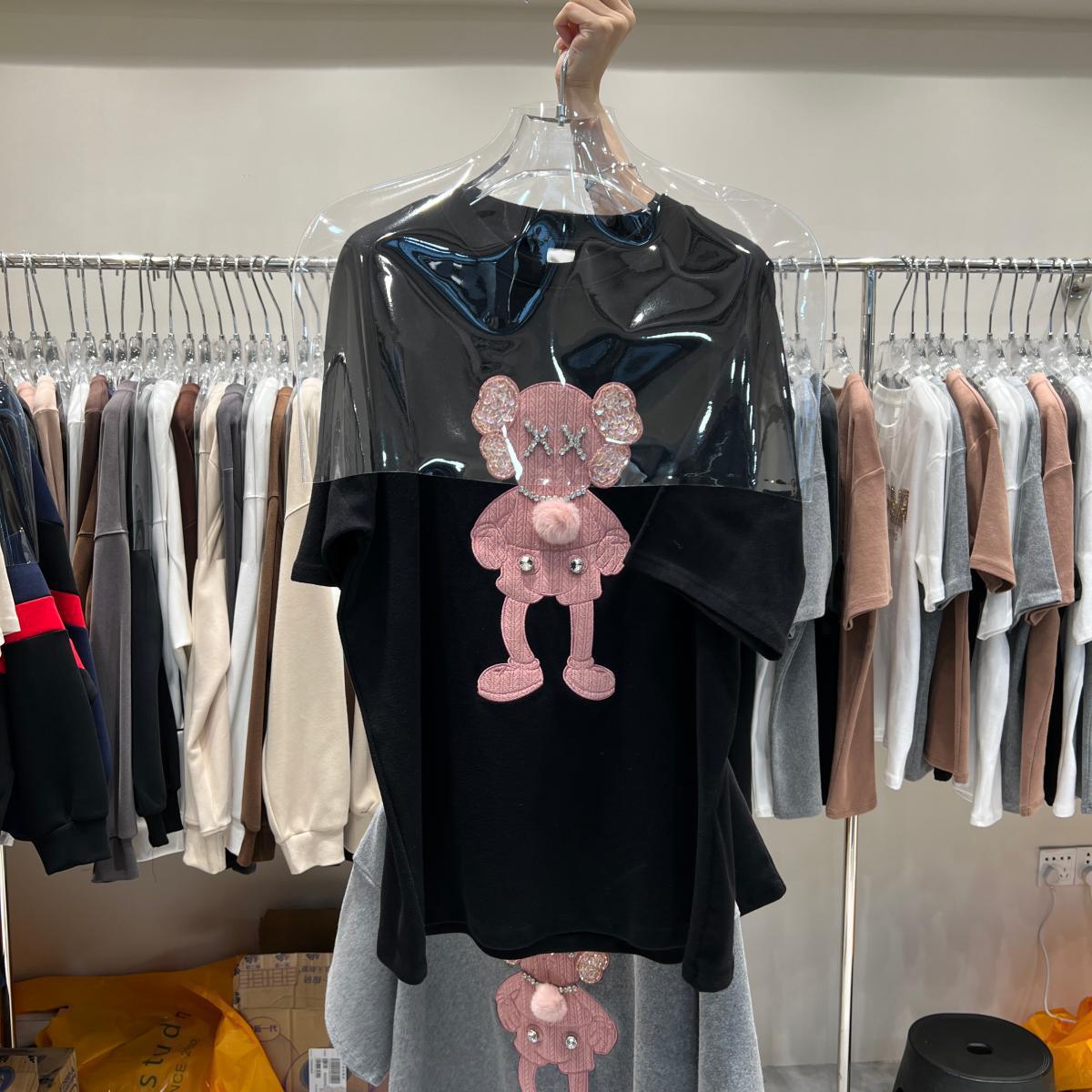 

2023 Весна Женский Свободный Хлопковый Топ Средней Длины С Короткими Рукавами и Мультяшным Принтом XXL чёрный