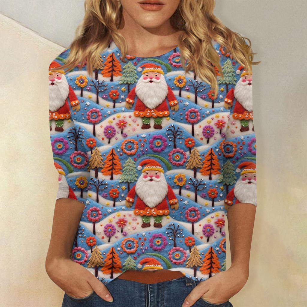 Women's Fashionable Casual Three-Quarter Sleeve Christmas Print Round Neck Top
