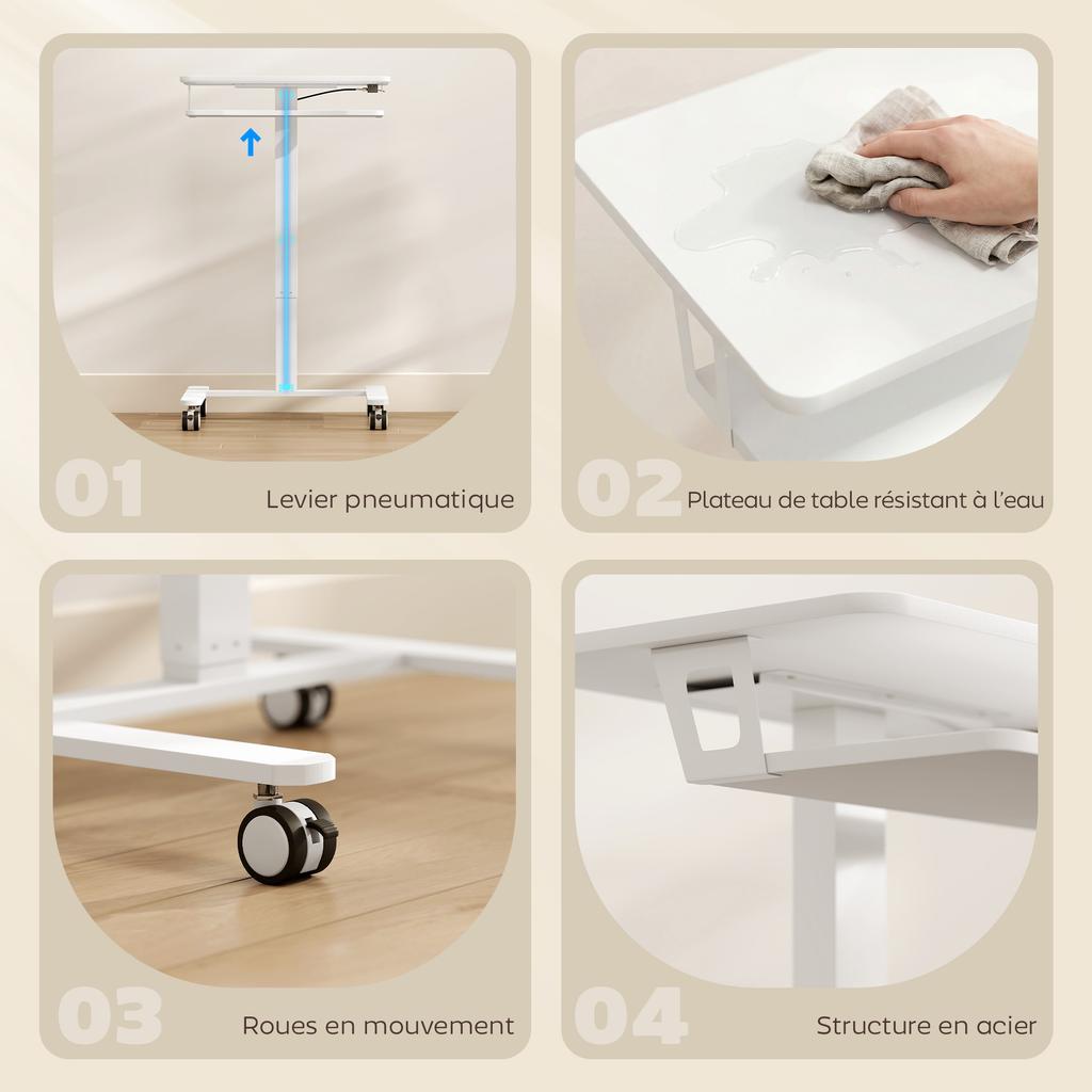 Height-Adjustable Sit-Stand Desk, Mobile, Keyboard Tray, Casters, Steel Frame, White