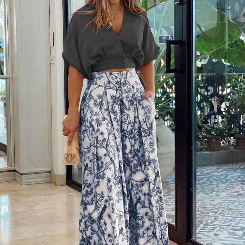 Women's Two Piece Set V Neck Crop Top Floral Wide Leg Pants Summer Outfit
