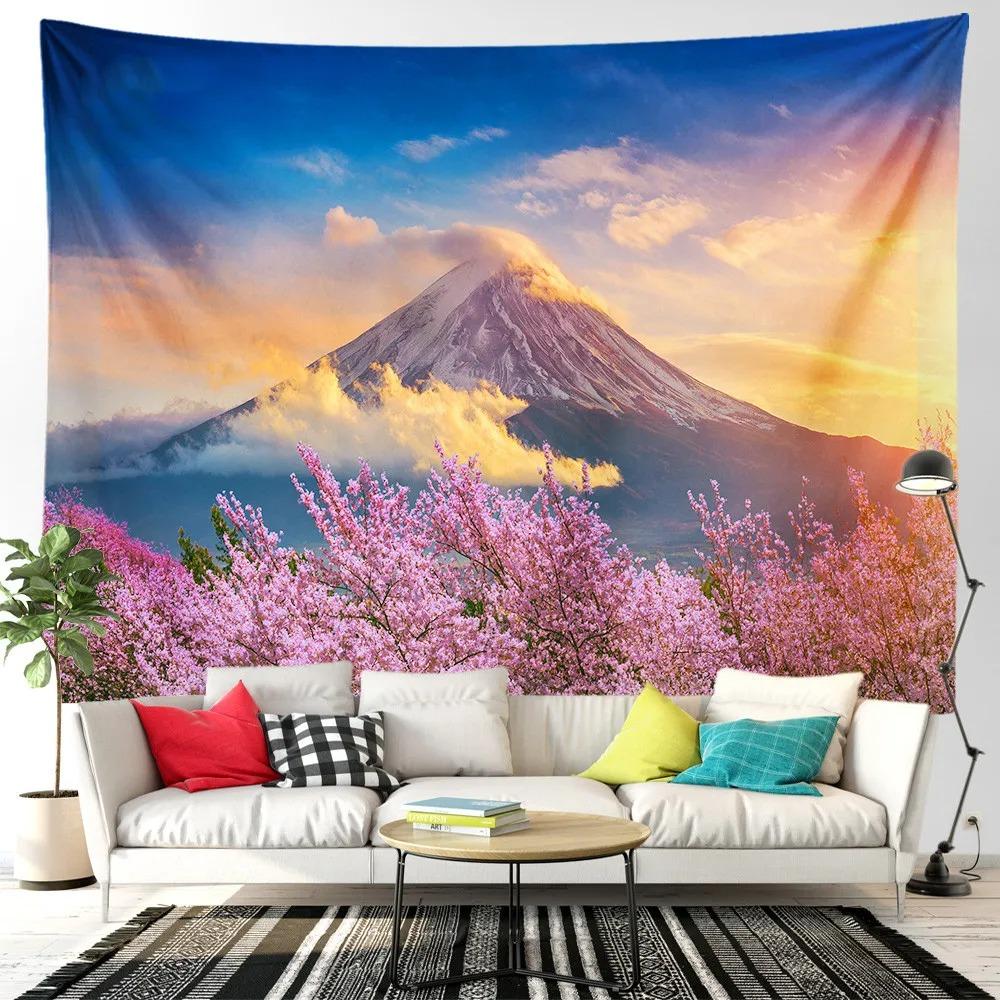 Pink cherry blossom tree mountain forest wall tapestry home decoration living room bedroom background hanging cloth