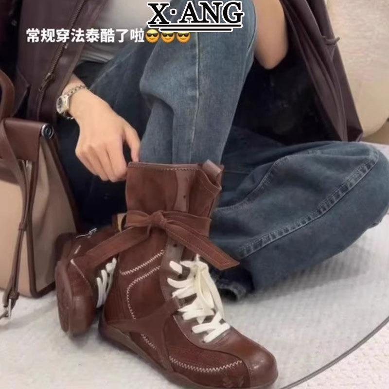 Cowhide Version Maillard Brown Boxing Boots Inner Height Increase Martin Boots Women's Retro Locomotive Boots Outdoor Mid Boots
