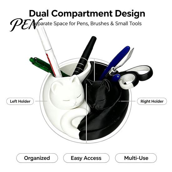 Decorative Makeup Brush Holder 3D Printed Cat Pen Holder, Cute Sleeping Kitty Stationery Organizer, 2-in-1 Modern Desk Storage for Brushes Desktop