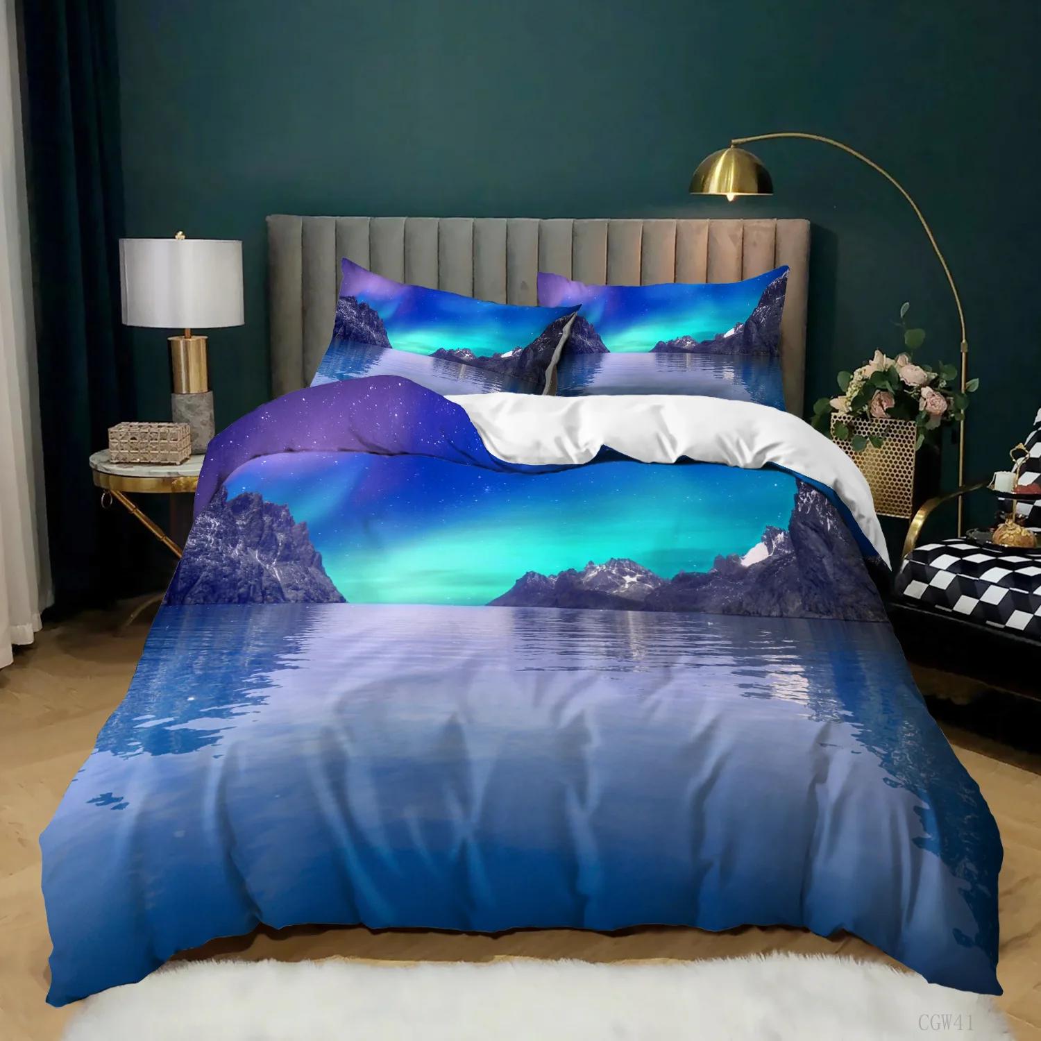 

Purple Soft Duvet Cover Aurora Romantic Beding Set for Girl Couple Quen/King/Twin Sized Dimensions Night View of Lake plus Mountains Comfortable Quilt 120*200cm Single
