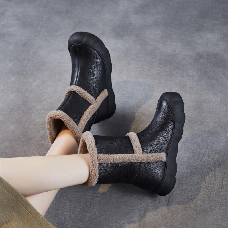 Johnature Genuine Leather Plush Thickened Women's Mid-calf Boots Casual Soft Soled Warm Cotton Shoes