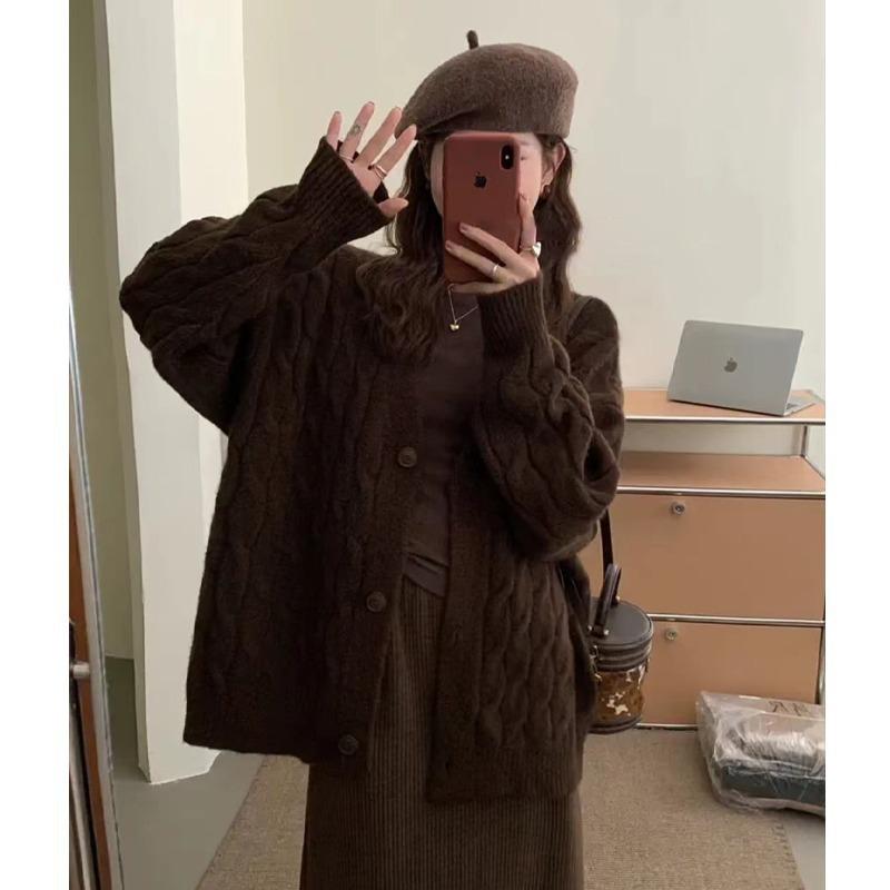 Twist Solid Color Sweater Jacket Women's Autumn and Winter New Thickened Loose V-neck Outer Wear Lazy Wind Knitted Cardigan