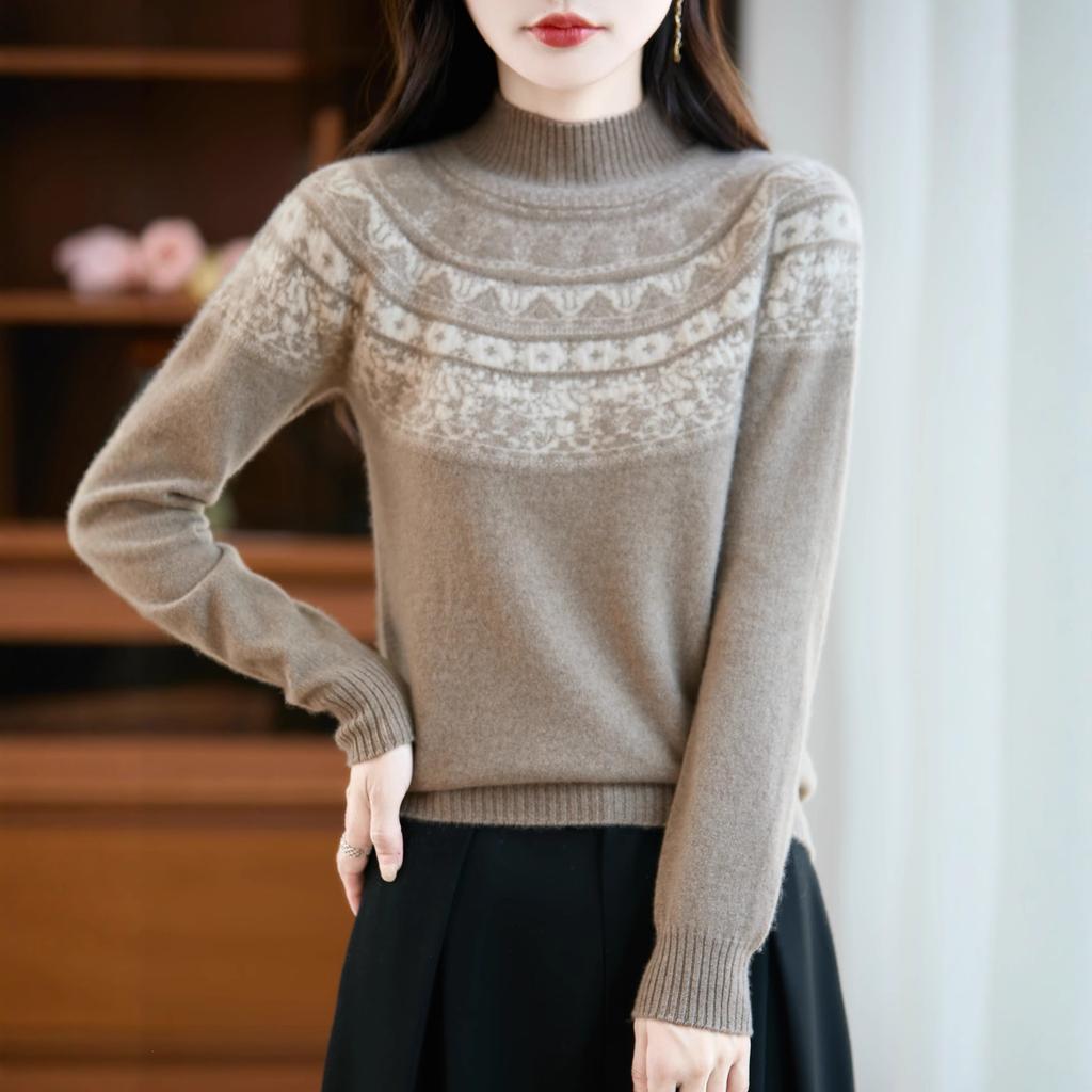 Wool Jacquard Women's Semi-high-necked Exquisite Patterned Knitted Sweater, Suitable for Autumn and Winter Top