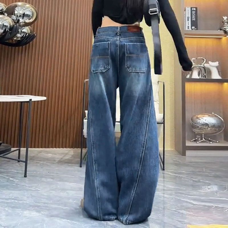 Retro design large size jeans women's summer new high waist American loose and thin straight wide leg trousers