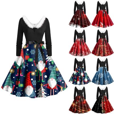 Vestido feminino vintage de manga comprida estampa de natal anos 1950 dona de casa festa à noite baile