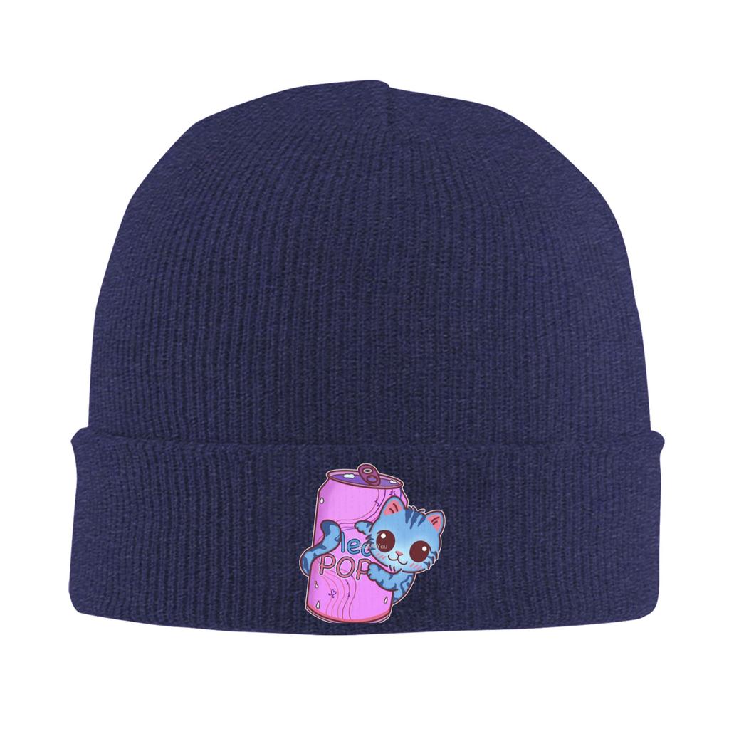 Adult Unisex Cute Blue Cat with Soda Pop Can Beanie Hats Knitted Hat Autumn Kpop Caps Graphic Thermal Elastic Bonnet Hats