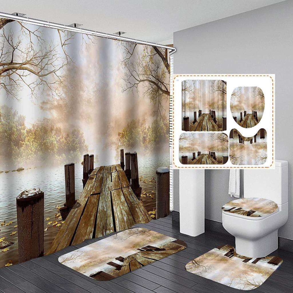 Forest Leaves Trail Waterproof Bathing Shower Curtain Set With 12 Hooks Toilet Covers Bath Mat For Bathroom Non-Slip Rug Carpet