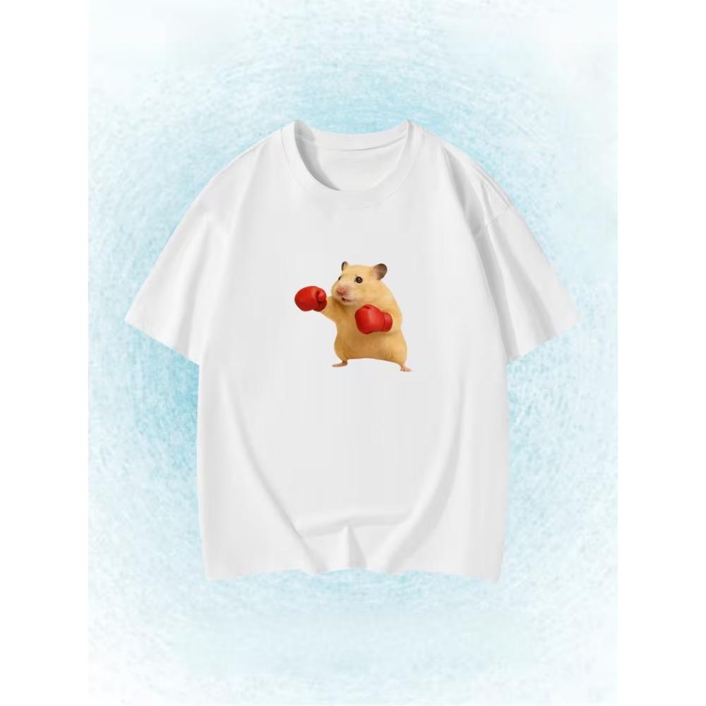 Fun Skiing Hamster Print T-Shirt Cute Meme-Style Short-Sleeve Summer Casual Top Perfect Women Clothing Fashion