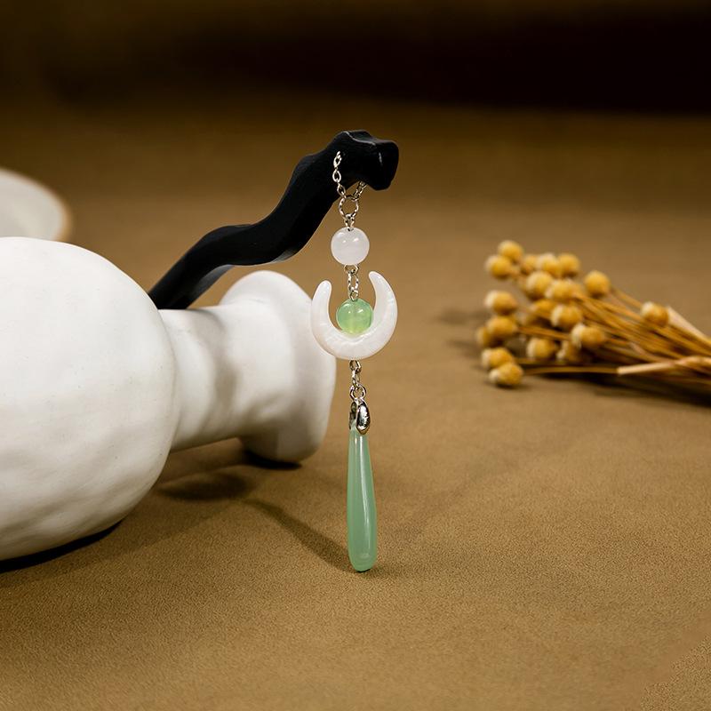 New Chinese Style National Style Jade Tassel Hairpin Light Luxury Style Pearl Hair Ornaments Niche Design Back of The Head Coiffure Hair Fork