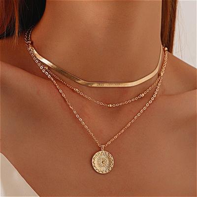 Colar de Prata de Lei 925 da Moda Para Mulher Cor Ouro Prata Colares com Pingente Redondo de Três Camadas Joias de Casamento Noivado