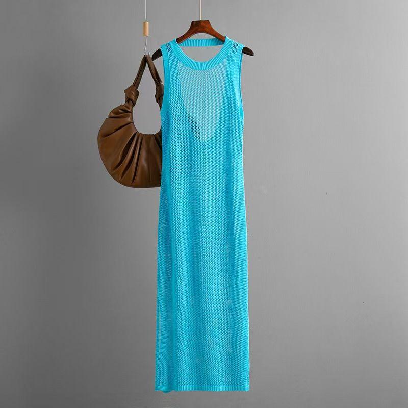 

Fashion Style Sexy Hollow-out Backless Beach Bikini Blouse Seaside Holiday Dress Beach Dresses Lake Blue All yards