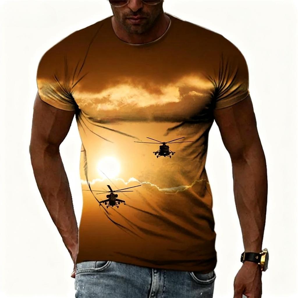 Summer Round Neck 3D Helicopter Pattern Print Top Fashionable Casual Short Sleeved Men's T-shirts