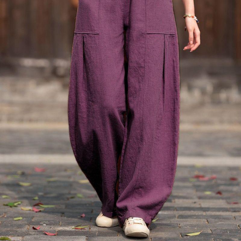 Pantaloni a Lanterna da Donna Retro a Vita Alta in Cotone e Lino - Taglie Forti, Colore Unito, Snellenti, Lunghi, Casual per Primavera/Estate