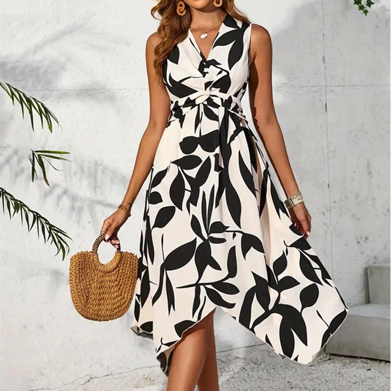 Spring and Summer Women's Design Sense Medium and Long Sleeveless Leaf Print Kinked Irregular Dress