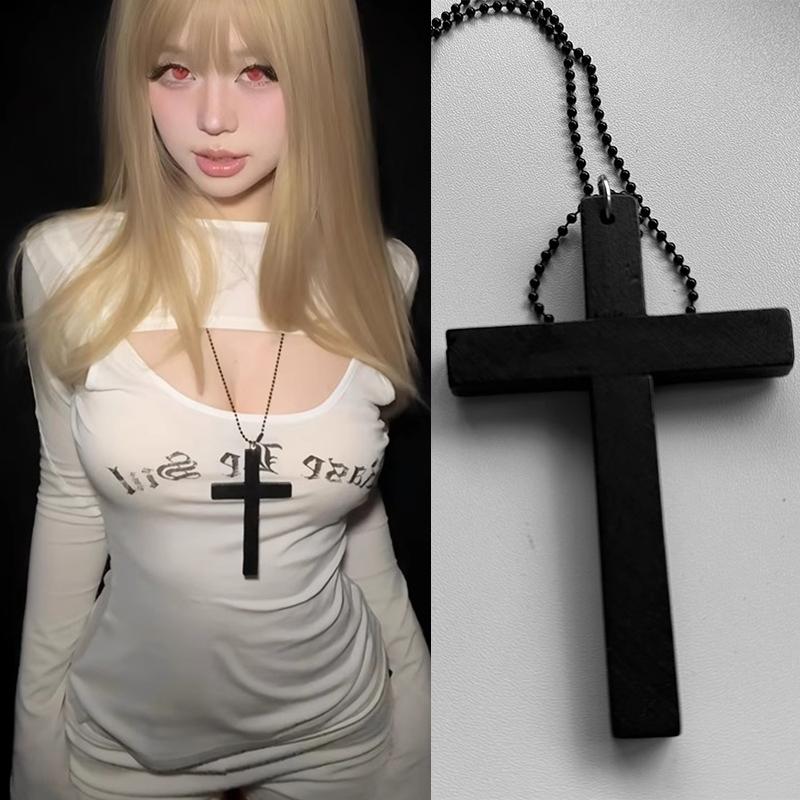 Neue Gothic Coole Y2K Holz Kreuz Anhänger Halsketten Unisex Schwarz Weiß Rot Hip Hop Charme Kette Choker Halskette Mode Schmuck