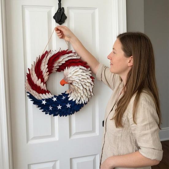 Wooden 4th of July Door Sign for Front Door, Red White Blue Patriotic Hanging Wreath for Independence Day, 250th Anniversary, Home Porch Wall Indoor