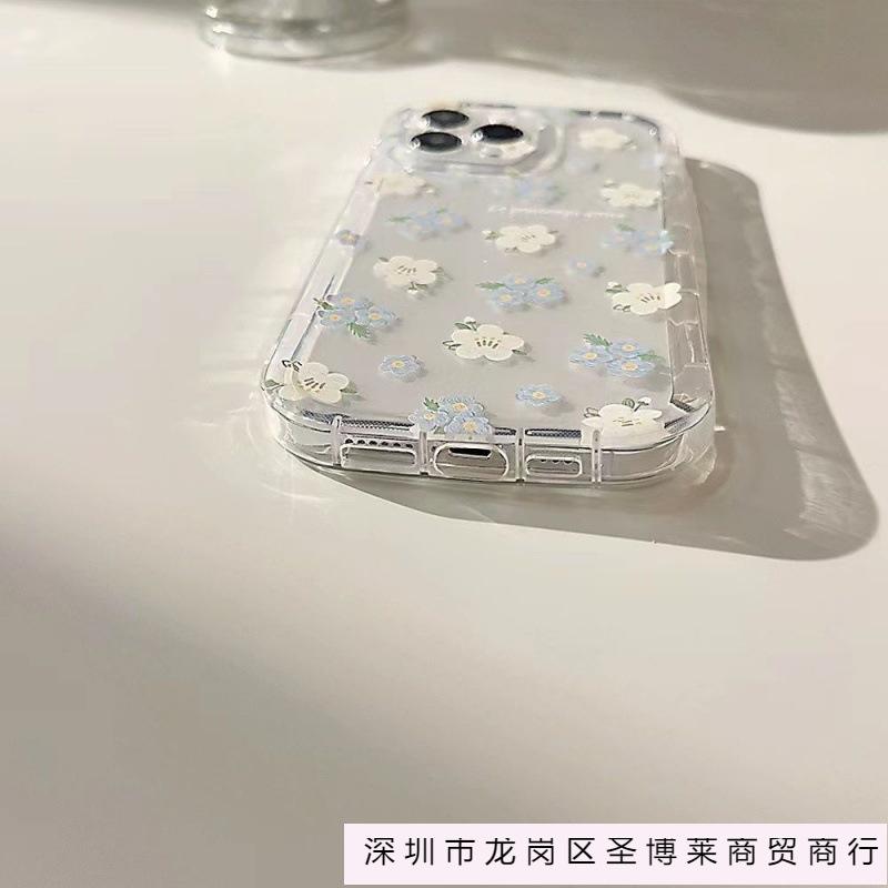 Blue and White Floral Application Apple 16promax Mobile Phone Case 15plus Fresh 14 Airbag 13 Transparent 1211