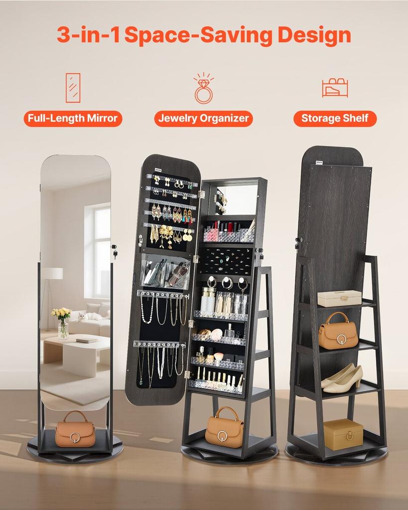 360° Swivel Jewelry Cabinet, 1600 Mm Tall, Full-Length Mirror with Storage, Standing Rotatable Jewelry Armoire Organizer, Lockable Door with 2 Keys,