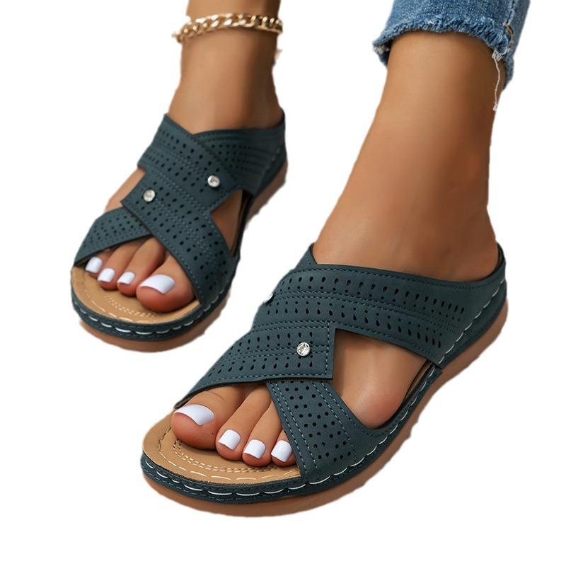 Casual round head cross strap hollow high heel women's wedge slippers