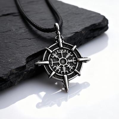 Retro Viking Rune Compass Necklace for Men Boys,Gun Black Stainless Steel Talisman Collars,Stylish Punk Jewelry Gift