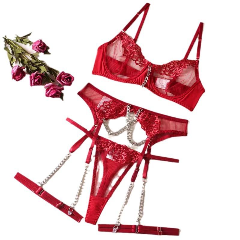 Sexy lingerie three-point set metal chain embroidery shapewear bra set