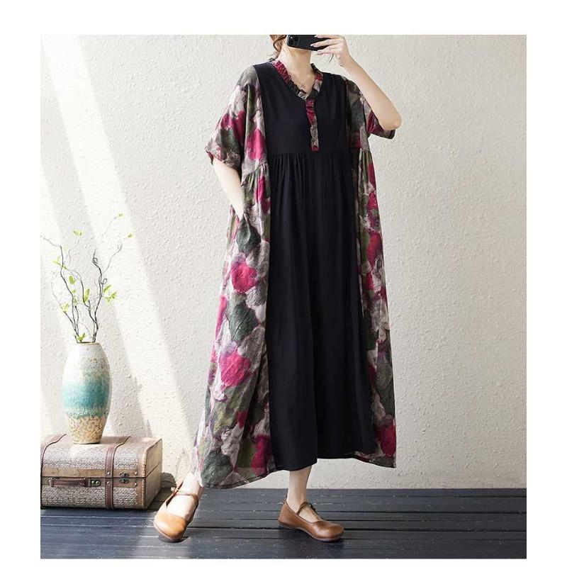 Summer New Literary Large Size Printing Splicing Wood Ear Lace Casual Swing Short Sleeve Long Dresses