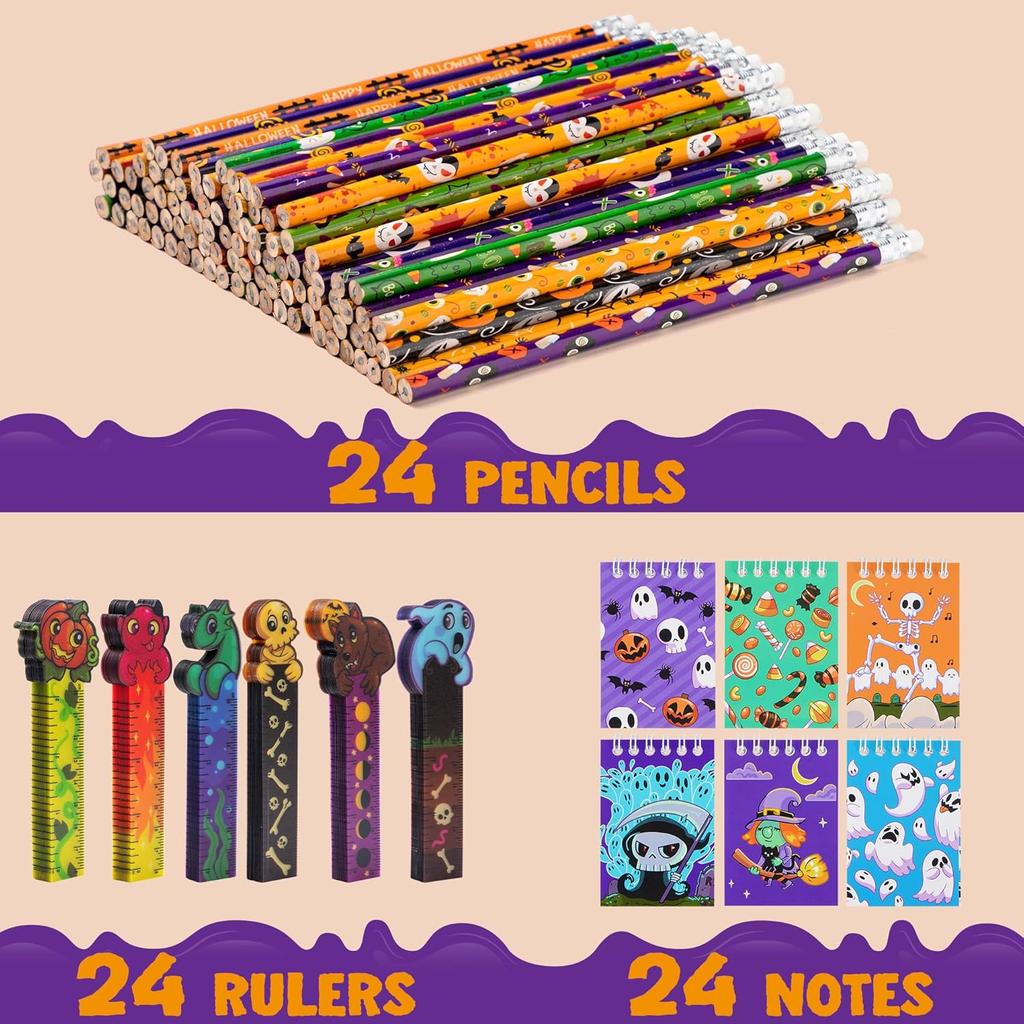 JOYIN 72 Pcs Halloween Assorted Stationery Set, 24 Packs Halloween Theme Pencils, Rulers and Notepads Party Favor Set for Kids Classroom Gift Prizes,