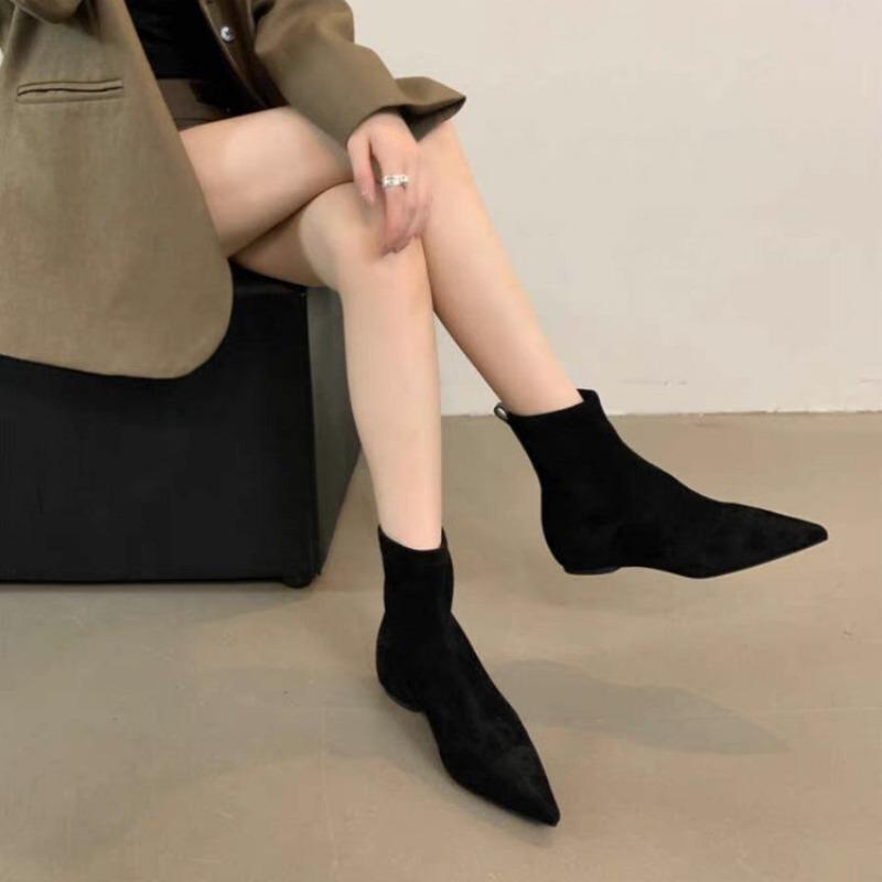 Trendy Brand Autumn and Winter New Simple Matte Suede Flat Socks Boots Flat Heel Thin Boots Temperament Pointed Short Boots Women