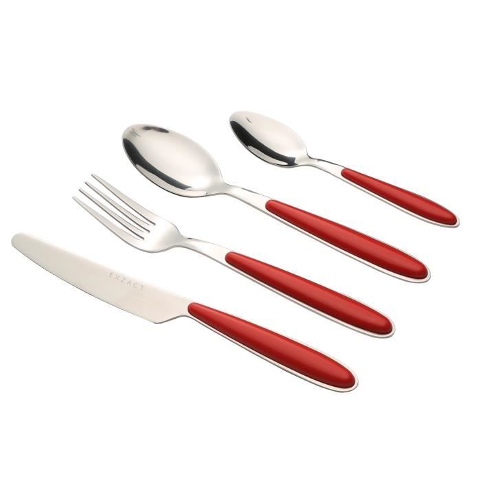 EXZACT Couverts en Inox 24 PIÈCES - poignées de couleur - 6 x Fourchettes, 6 x Couteaux, 6 x Cuillères, 6 x Cuillère à café (Rouge )