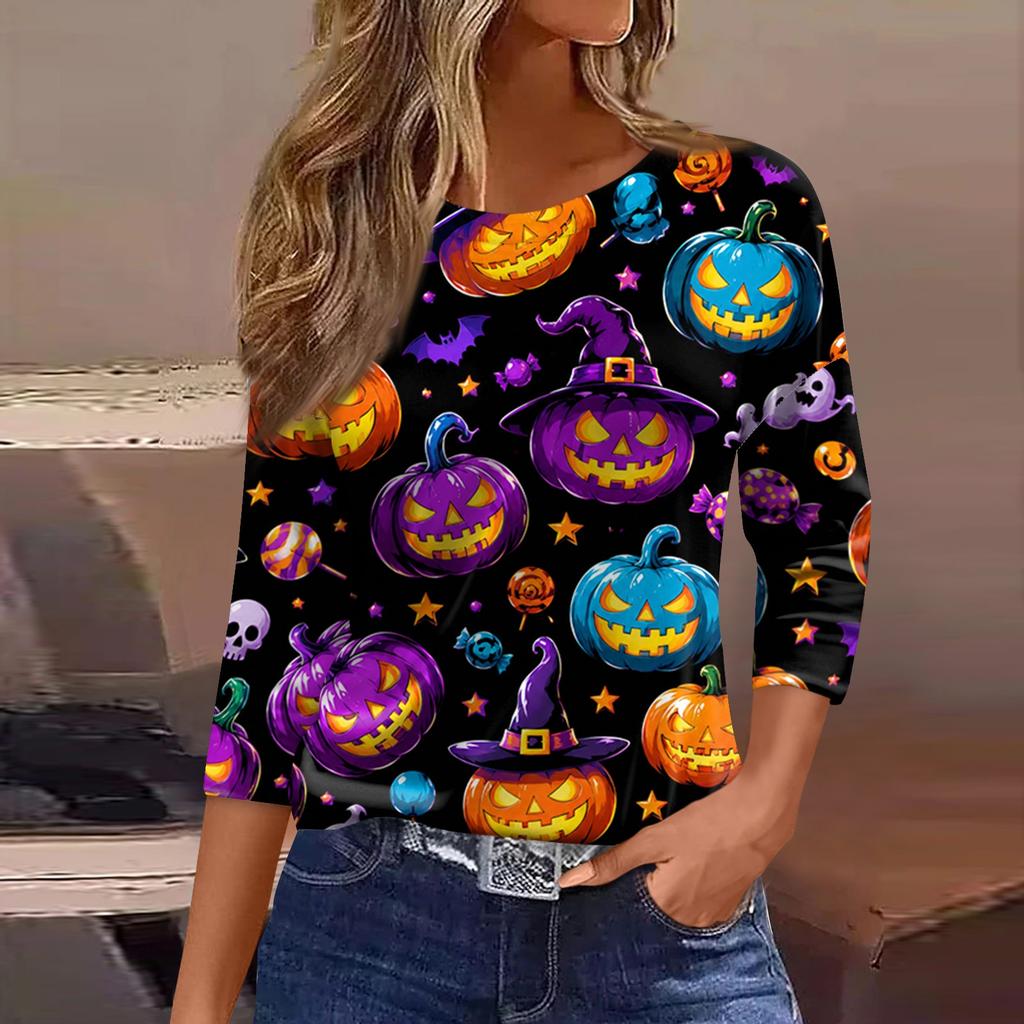 Women's Casual 3/4 Sleeve Halloween Print Round Neck Blouse for Party and Daily Wear