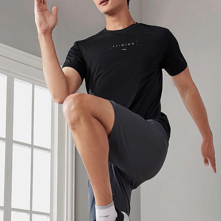 Li-Ning Fitness Series Letter Print Crew Neck Short Sleeve T-Shirt Men Tops Black ATST103-1