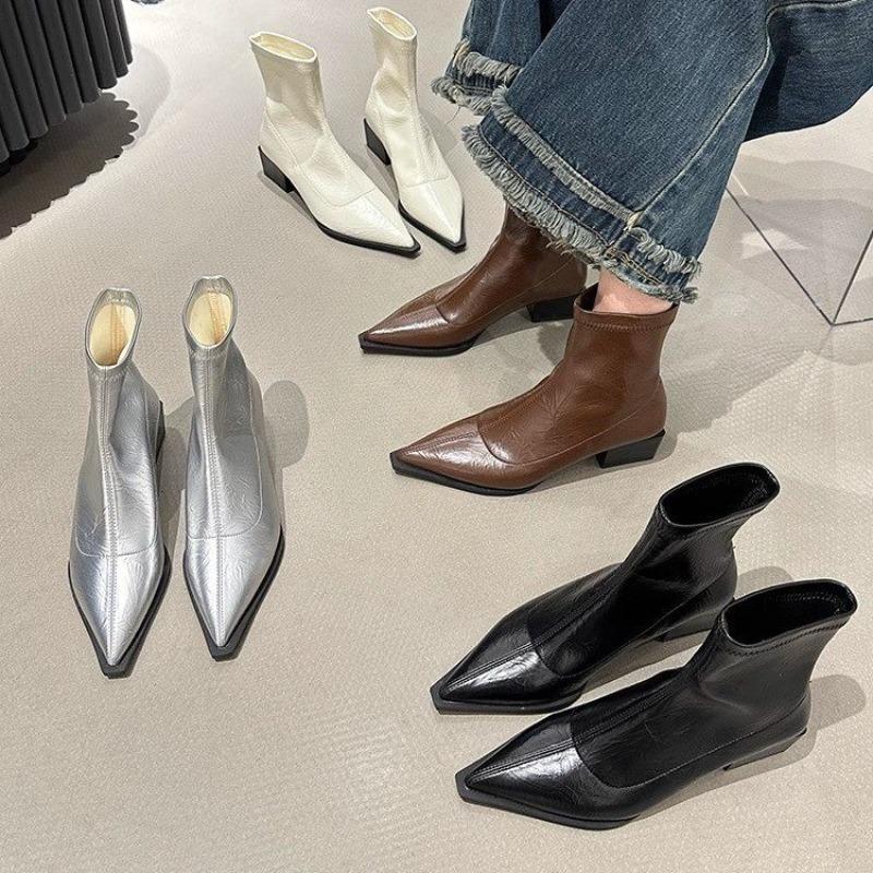 Fashion Women Pointed Ankle Boots Mid Heels Pointed Leather Sexy Chelsea Boots Trend Design Winter New Pumps Designer Short Botas Mujer