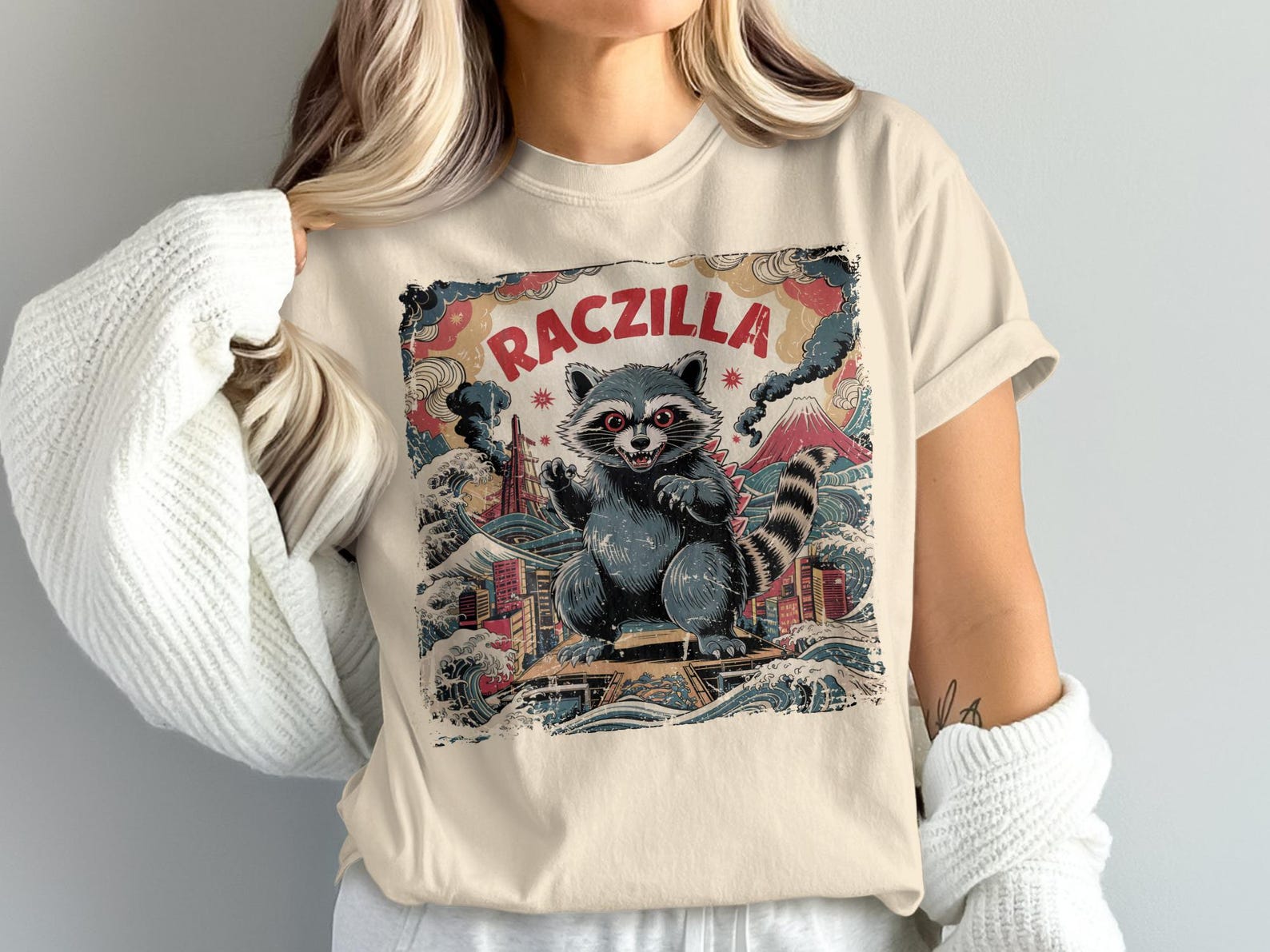 Comfort Colors Funny Raccoon Art Shirt, Raczilla Japanese T-Shirt, Cute Kaiju Animal Tee, Monster Raccoon Graphic, Cool Urban Streetwear Tee S