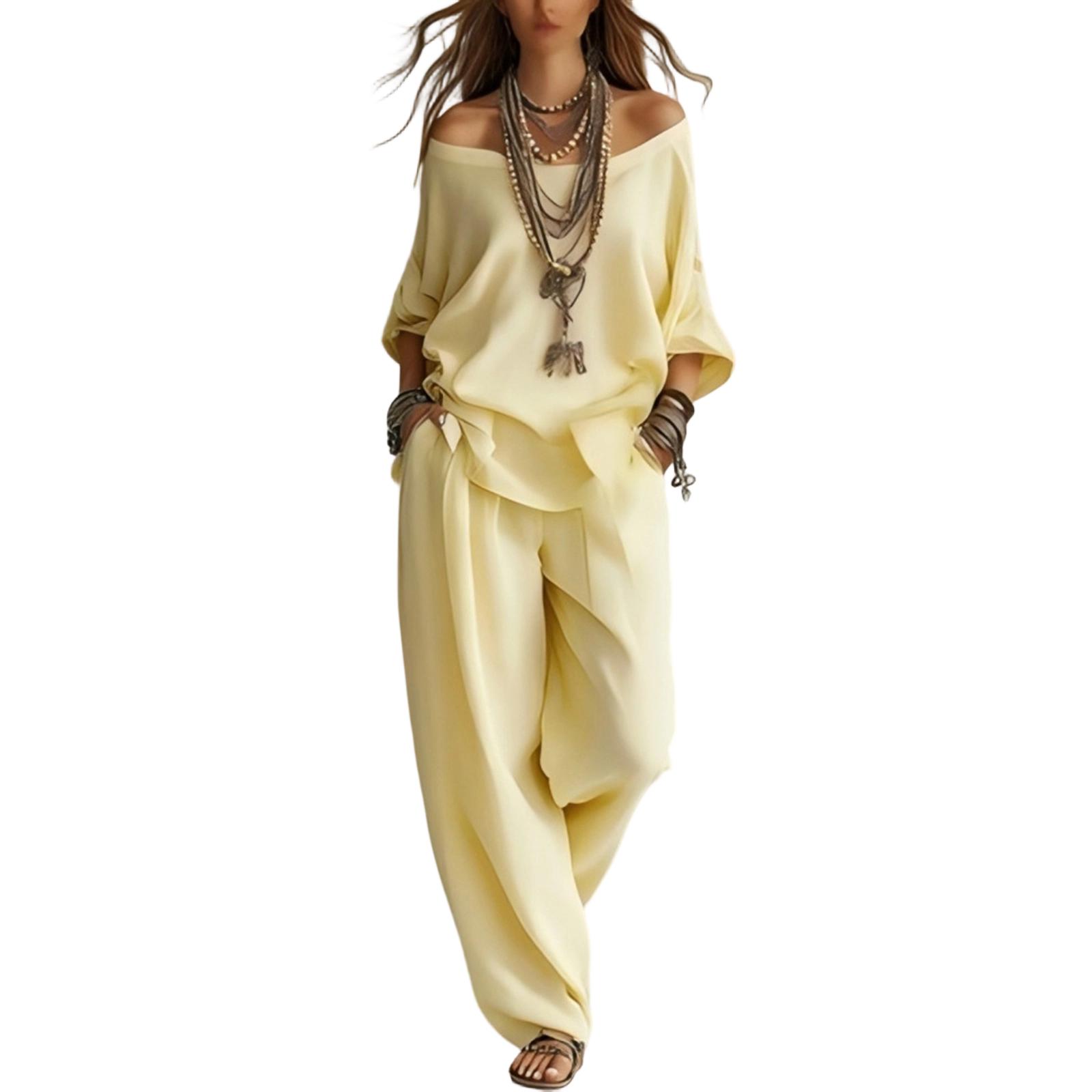 Women s Linen Blend Casual Top & Pants Set S жёлтый