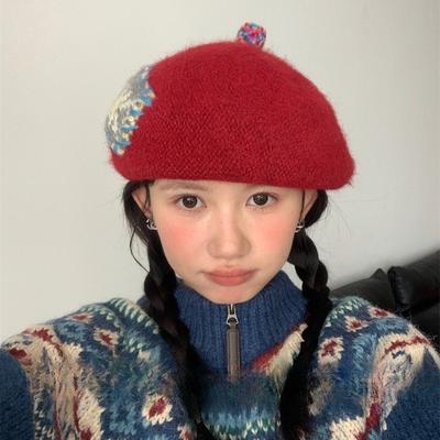 Hand-sewn Fair Isle Patch Knitted Beret Autumn and Winter Warm and Revealing Little Painter Hat