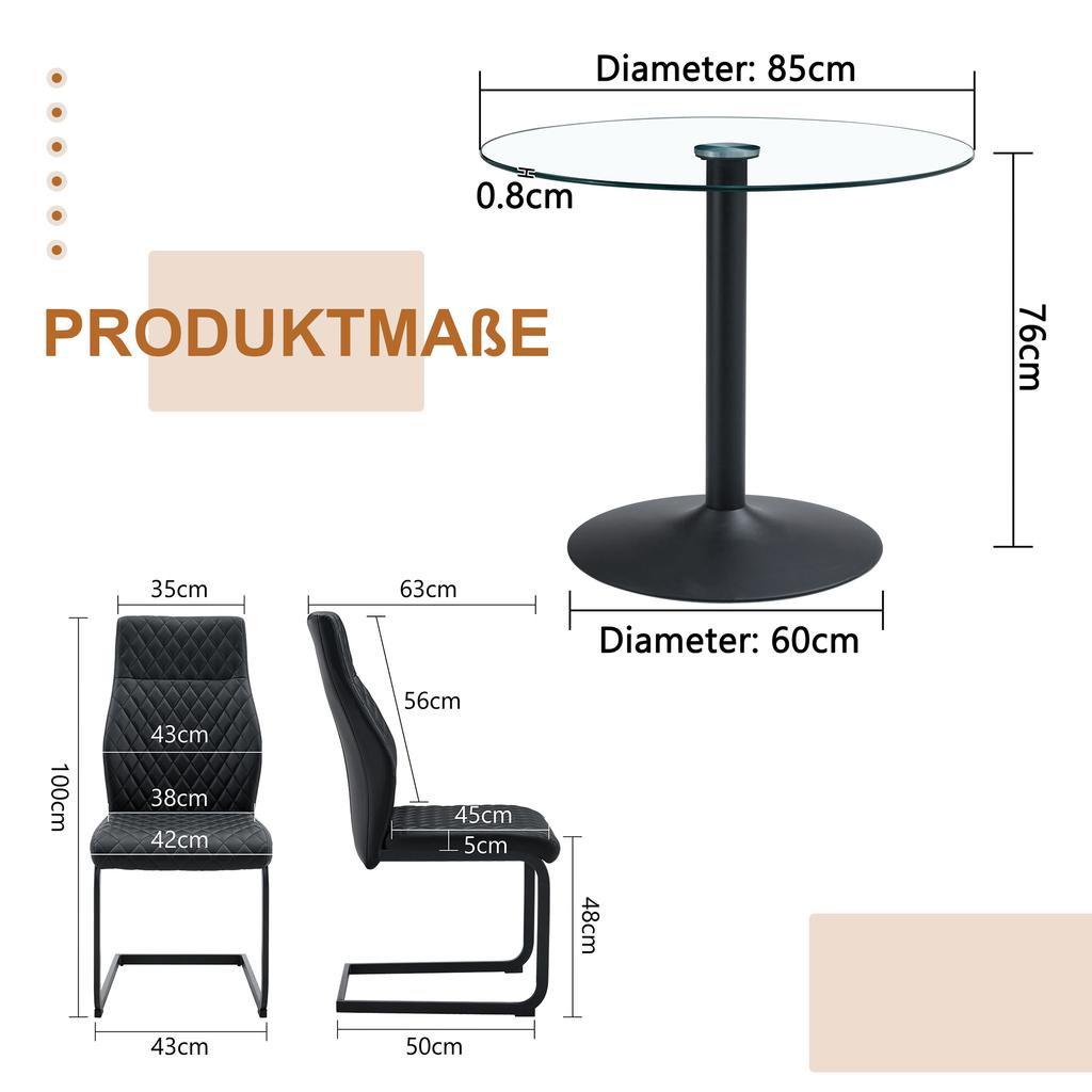 Table-Chair Set. Round Glass Table with 85 cm Diameter + 2 Black Chairs with High Backrest and Diamond Quilting made of PU