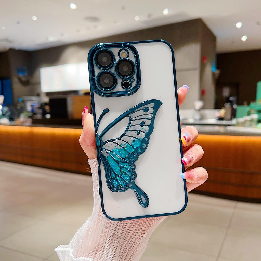 Suitable for IPhone16proMax Butterfly Sand Phone Case Electroplating 15 Apple 14 Full Cover Lens Film Protective Case