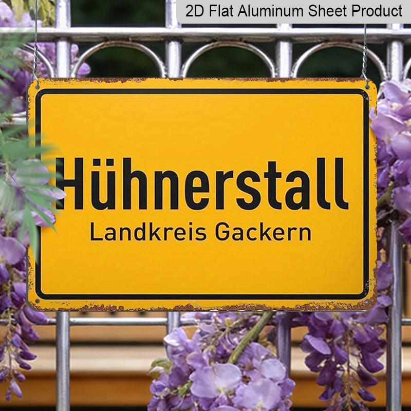 2D Flat, 12"x8" Rustic Vintage Aluminium Metal Chicken Coop Wall Sign - "Landkreis Gackern" German Text & "Hühnerstall" Design, Weather-Resistant