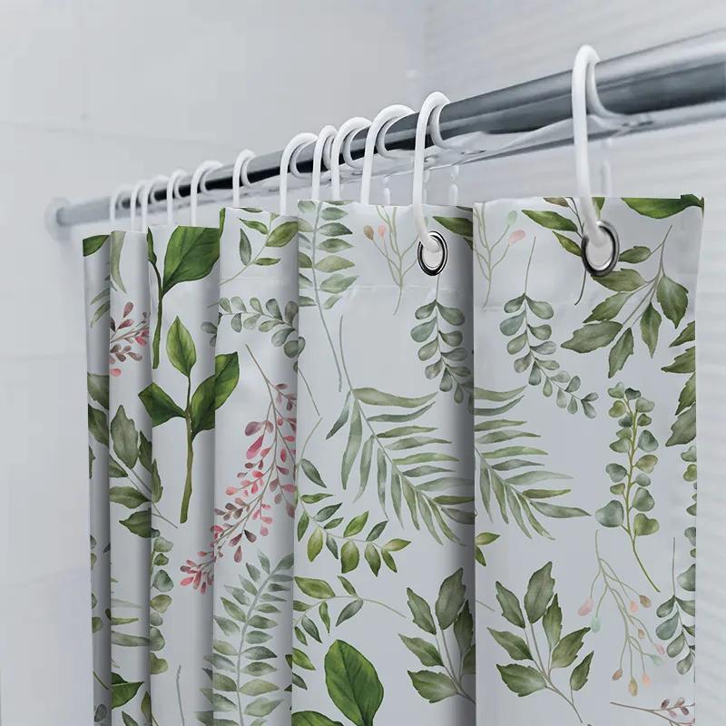 Green Plant Leaf Shower Curtain, Watercolor Floral Bath Mat Decor, Pink White Green Waterproof Fabric Curtain For Bathroom 60X72