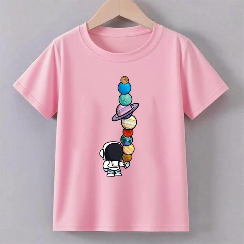 Teenage astronaut Planeet printed T-shirt summer boy fashionable casual fun round neck short sleeved children's color top T-shirt