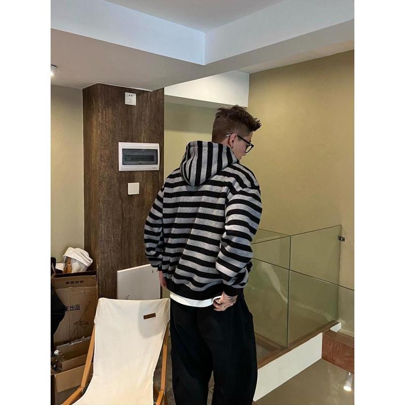 Осень и зима новые модные мужские и женские свитера повседневные корейские пары в том же стиле с капюшоном полосатый свитер M